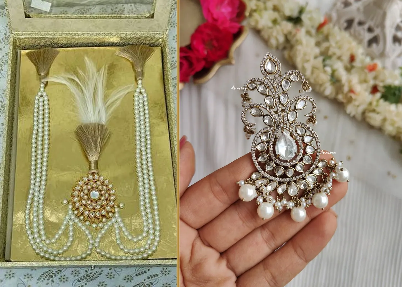 Pearl sehra and stone-set kalgi wedding accessories