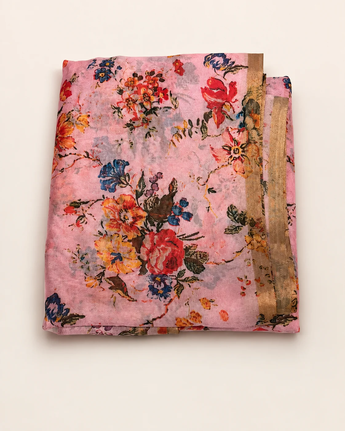 Pink floral Rajasthani safa fabric with gold border