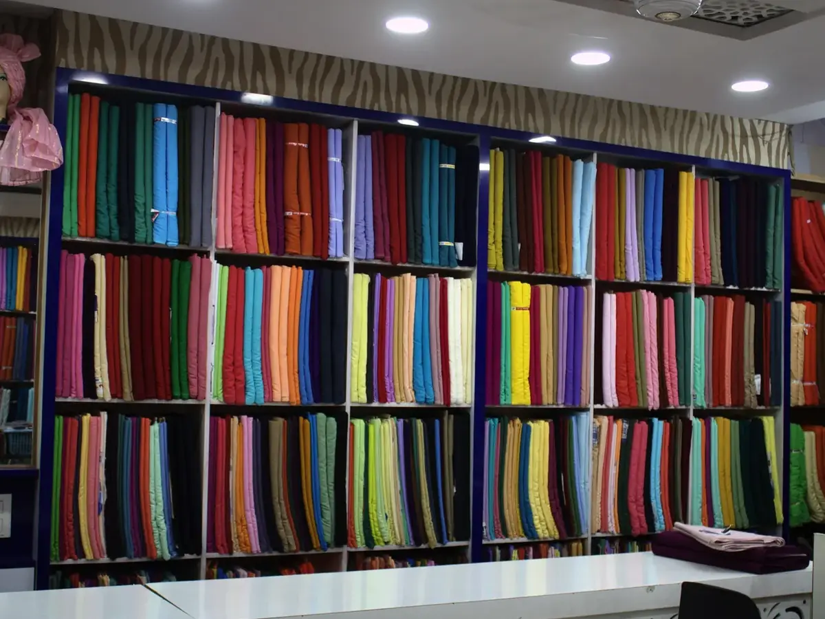Colourful turban fabrics displayed inside Sahney Pagri House